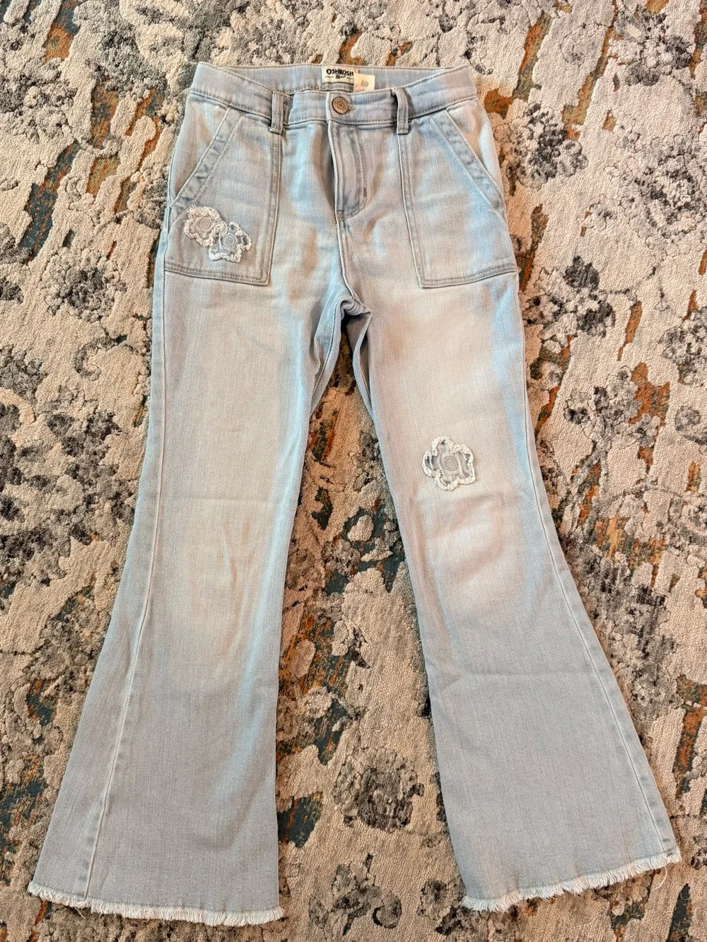 Girls Flare Light Blue Jeans with Floral Design